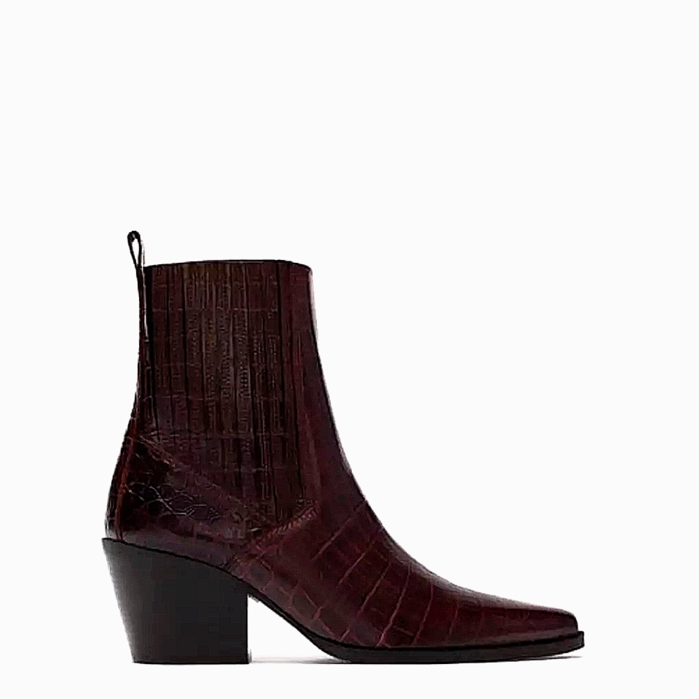 Zara Burgundy Mock Croc Ankle Pointed Cowboy Boots